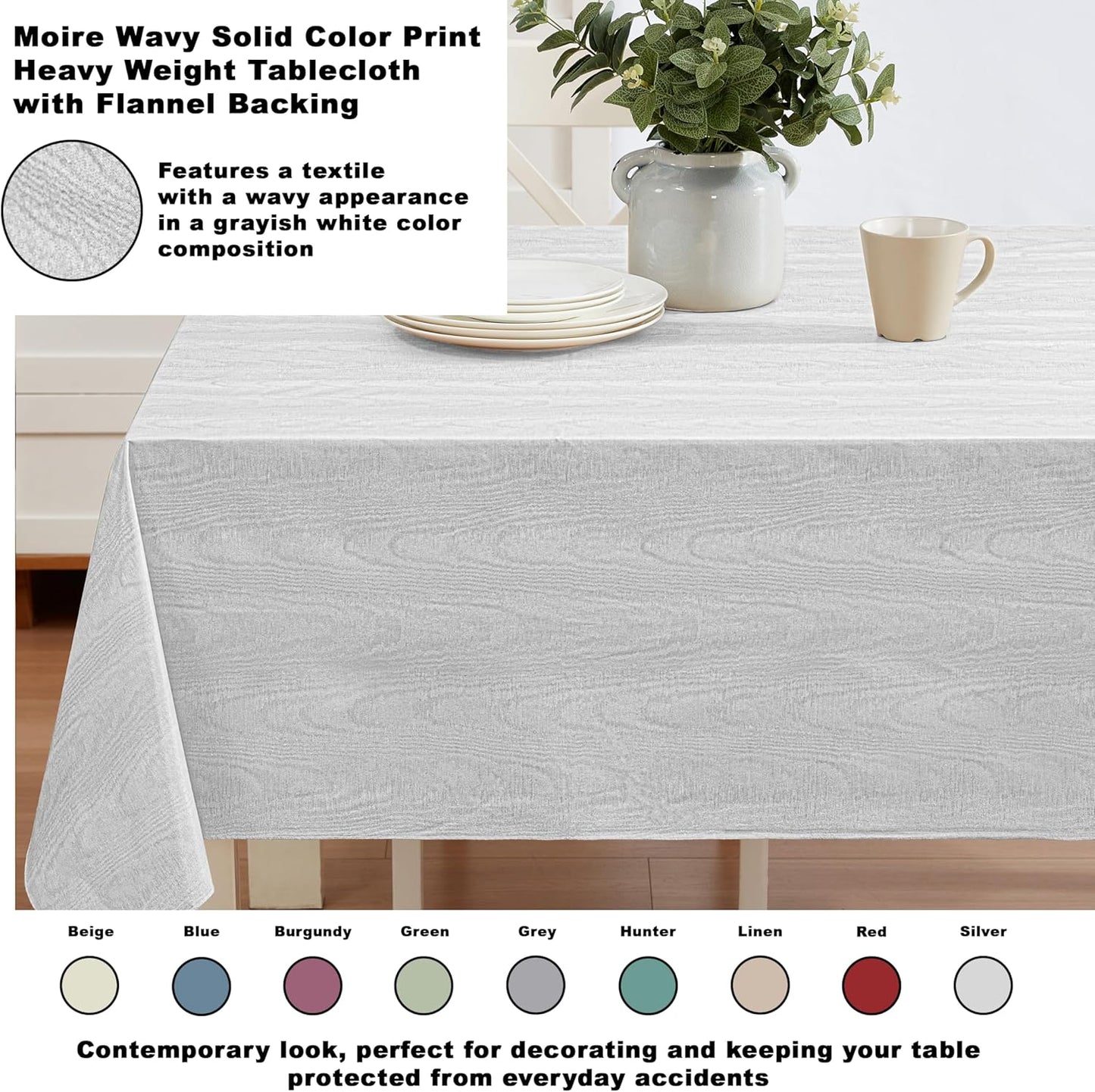 Newbridge Vinyl Flannel Backed Tablecloth, 52 x 52 Inch Square, Silvery White Moire Wavy Solid Design, Heavyweight Indoor Outdoor Waterproof Table Cover, Easy Care Wipe Clean