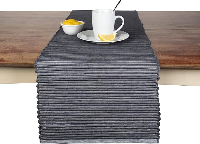 Sticky Toffee Cotton Table Runner, 14 x 72 Inch, Gray Woven Ribbed Farmhouse Boho Table Décor for Kitchen or Dining, Oeko-Tex Certified