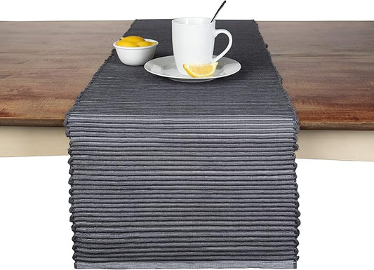 Sticky Toffee Cotton Table Runner, 14 x 72 Inch, Gray Woven Ribbed Farmhouse Boho Table Décor for Kitchen or Dining, Oeko-Tex Certified