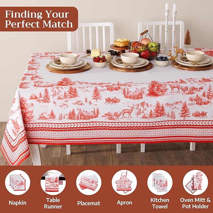 Maison d' Hermine Table Cloth Rectangle Table 100% Cotton 54 x 72 Inches Fall Tablecloth Reusable Everyday Use for Thanksgiving Christmas Decorations Dining Farmhouse Party (Winter Jouy)