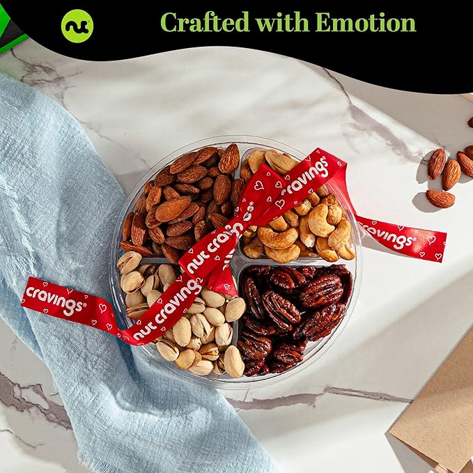NUT CRAVINGS - Halloween Treats For Adults Mixed Nuts Gift Basket + Heart Ribbon (4 Assortments) Holiday Xmas Christmas Food Arrangement, Healthy Snack Care Package, Food Assortments
