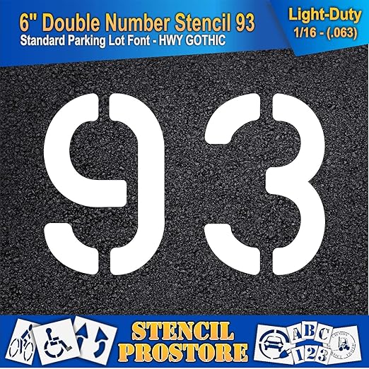Pavement, Curb, and WheelStop Stencils - 6 inch Double Number Stencil - (93) - 6" x 9" x 1/16" (63 mil) - Light-Duty