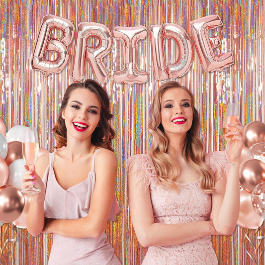 Foil Fringe Backdrop, Melsan 2 Pack 3.2 ft x 8.2 ft Tinsel Foil Fringe Curtains, Sparkle Fringe Curtains for Bachelorette Party Decorations Photo Background Decoration, Rose Gold