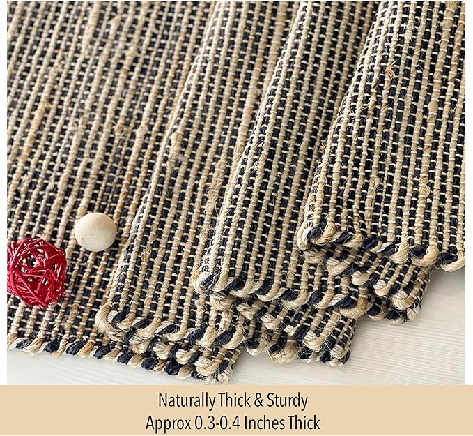 Chardin home Natural Jute Table Runner 13x108 Inch – Vintage Boho Rustic Table Decor – Handwoven Long Table Runner in Natural Jute and Black – Farmhouse Dining or Console Table Accent