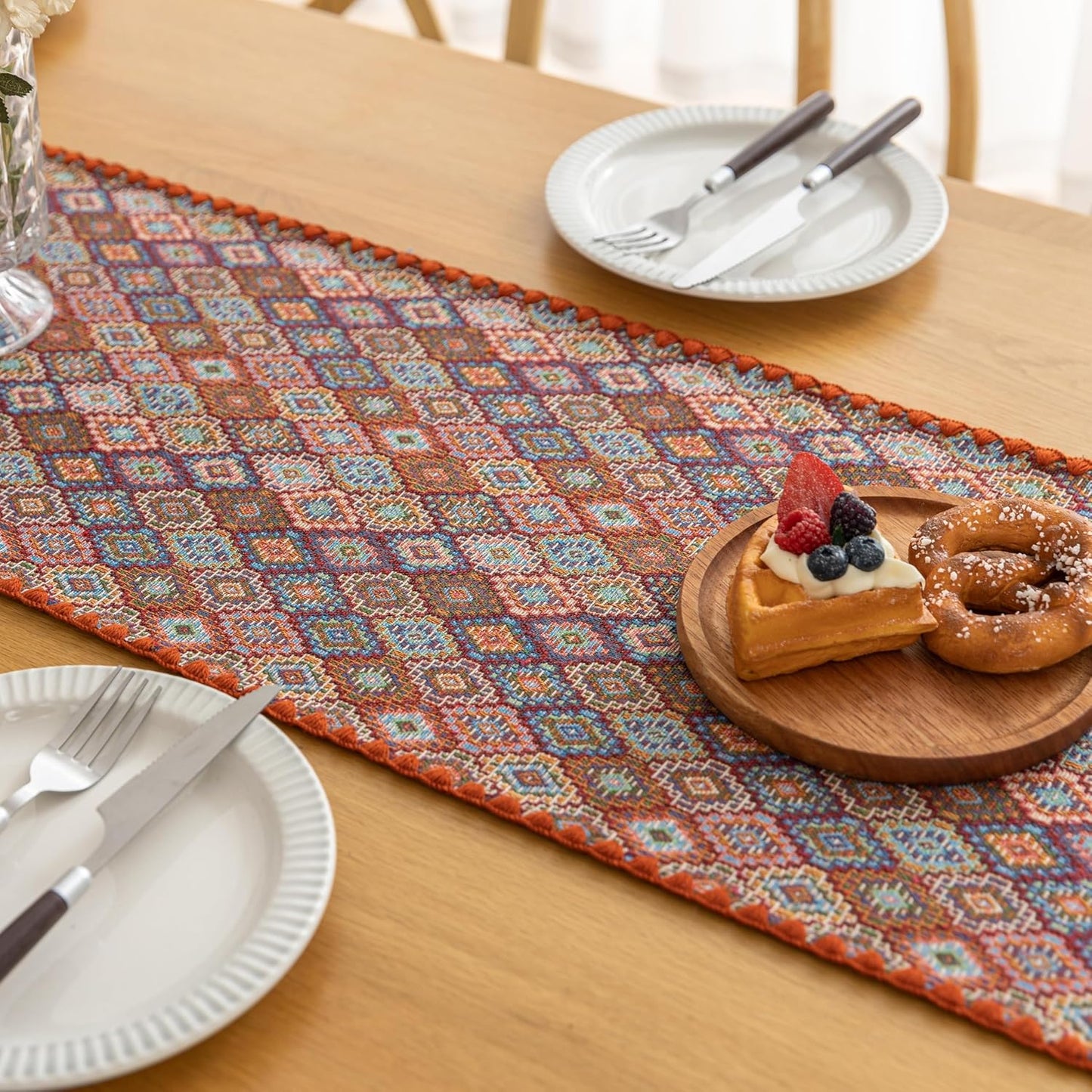 Boho Embroidery Table Runner, Geometry Fall Kitchen Dining Table Decoration for Home Party Decor 13x72Inch