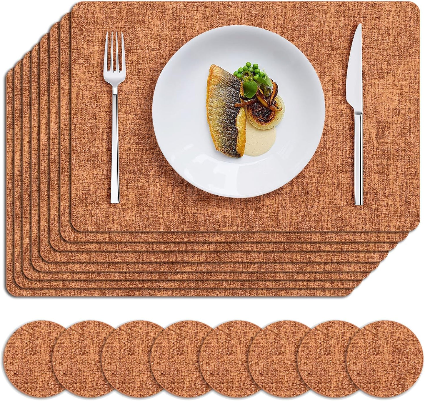 MOSAYT Placemats Set of 8, Heat Resistant Vinyl Place Mats with Coasters, Wipeable Washable 100% Waterproof Oil Proof Faux Leather Table Mats for Kitchen Dining Party Outdoor, 12" x 18", Orange