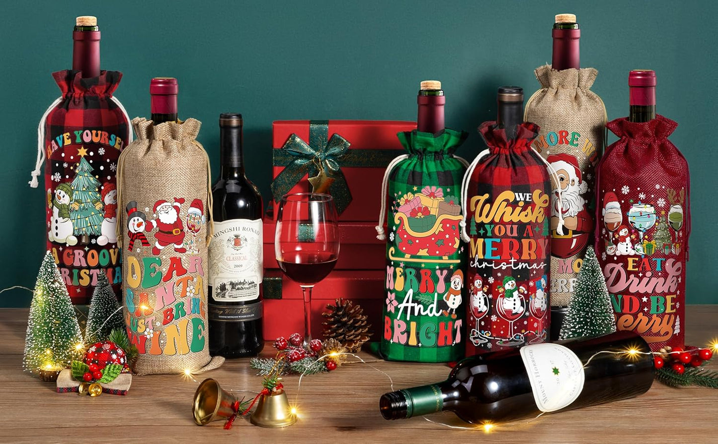 12PCS Burlap Wine Bag Christmas Wine Gift Bags, Drawstring Retro Christmas Bottle Cover Gift Bag w/ Tag, Buffalo Plaid Wines Bags for Bottles Gifts Reusable Bottle Covers for Xmas Holiday Party Decor