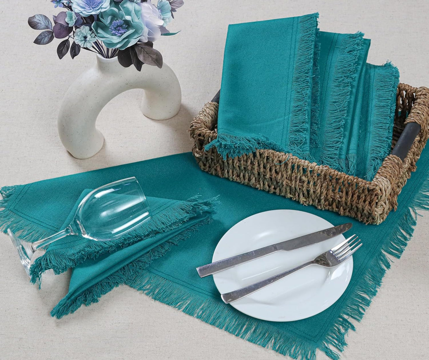 Bedding Craft Cotton Cloth Dinner Napkins Set of 12 – 18x18 Latigo Bay Teal with Fringed Corners – Reusable Machine Washable Fabric Napkins for Weddings, Baby Showers, Parties & Dining