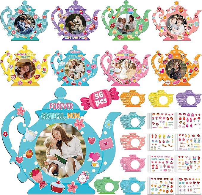 80UncleKimby 56 Packs Mothers Day Crafts for Kids Classroom - Bulk DIY Teapot Picture Frame Paper Kits for Gifts, Tea Party Favors