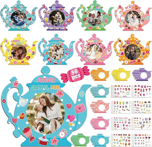 80UncleKimby 56 Packs Mothers Day Crafts for Kids Classroom - Bulk DIY Teapot Picture Frame Paper Kits for Gifts, Tea Party Favors
