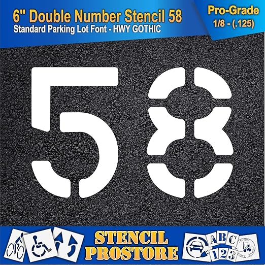 Pavement, Curb, and WheelStop Stencils - 6 inch Double Number Stencil - (58) - 6" x 9" x 1/8" (128 mil) - Pro-Grade