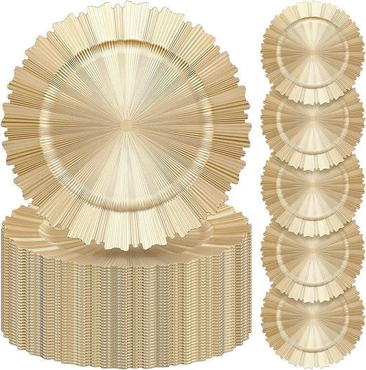 Mifoci 50 Pcs Champagne Gold Charger Plates Bulk 13 Inch Plastic Round Chargers Fluted Edge Dinner Plate Wedding Decoration for Table Setting Wedding Party Event Tabletop