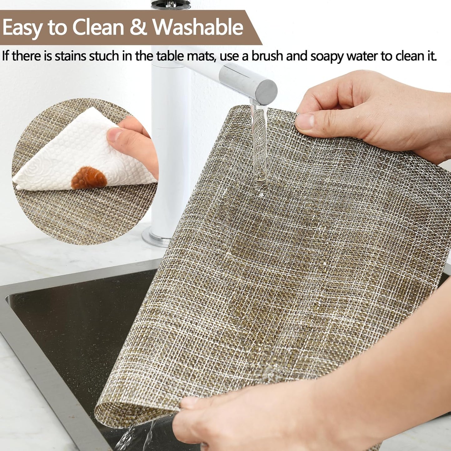 SLKQG Placemats Set of 4 - Easy Clean Washable Vinyl Placemats - Wipeable Heat Resistant Table Mats for Dining Table - 17.7x11.8 Inch (4, Gray & Gold Two-Tone)