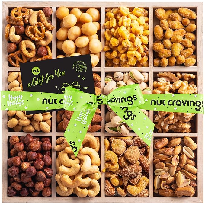 NUT CRAVINGS Gourmet Collection - Christmas Treats Nuts Gift Basket with Happy Holiday Ribbon in Reusable Wooden Tray (12 Assortments) Food Arrangement, Healthy Snack Care Package, Food Assortments