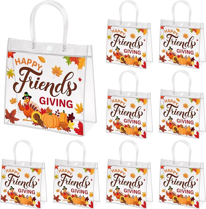 H1vojoxo Friendsgiving Party Gift Bags - 24PCS Happy Friendsgiving Clear PVC Gift Bags with Handle Reusable Thanksgiving Goodie Treat Candy Tote Bag Turkey Pumpkin Maple PVC Tote Bag for Party Decor
