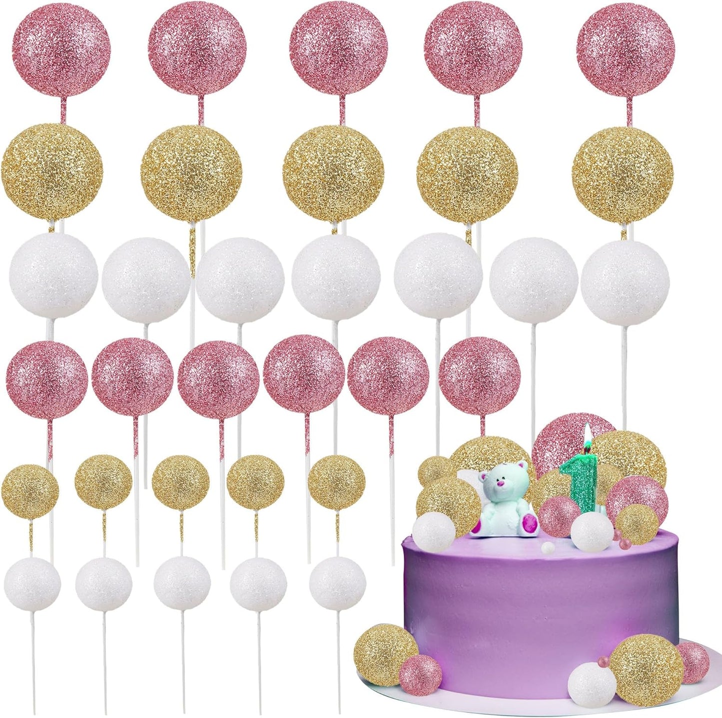 30Pcs Glitter Balls Cake Topper Mini Balloons Cake Toppers Foam Ball Cake Decorations Baby Shower Wedding Anniversary Graduation Birthday Party Supplies Champagne Gold White Rose Gold