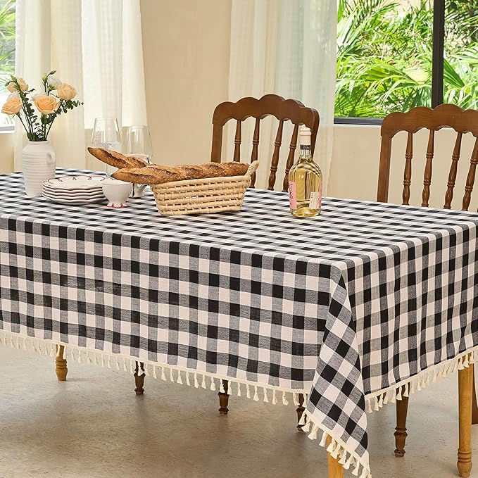 Table Cloth Square Table-Rustic Gingham Tablecloth Buffalo Plaid Table Cloth for Halloween Thanksgiving Christmas Kitchen Dining(55x55 Inch,Black and White)