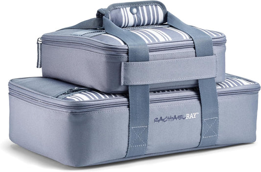 Rachael Ray Lugger Duo, Insulated Casserole Carrier for Hot or Cold Food, Thermal Lasanga Lugger Tote for Potluck, Parties, Picnic, and Cookouts, Fits 9" x 13" Baking Dish, Slate Stripe