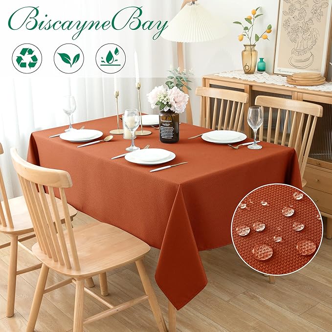 Biscaynebay 2 Pack Fall Tablecloth Textured Fabric 60x84 Inch Rectangular, Rust Thanksgiving Autumn Harvest Water Resistant Fabric Tablecloths for Kitchen, Dining, Wedding, Parties Machine Washable