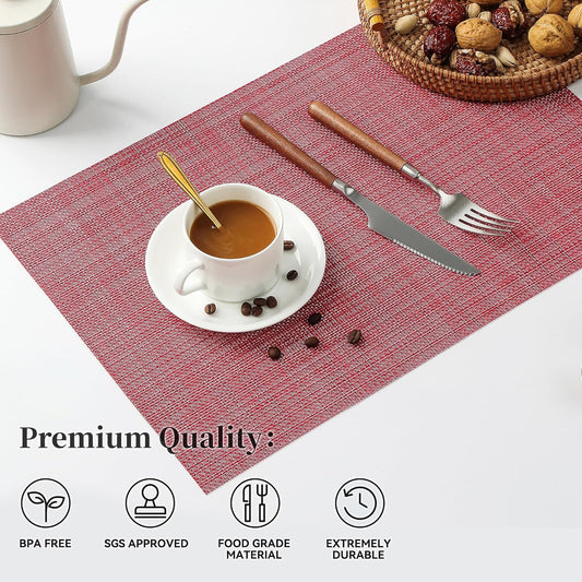 Leetaltree Red Placemats Set of 6 - Heat Resistant Non-Slip Place mats for Dining Table, Washable Durable PVC Vinyl Woven Table Mats（Red, 6）