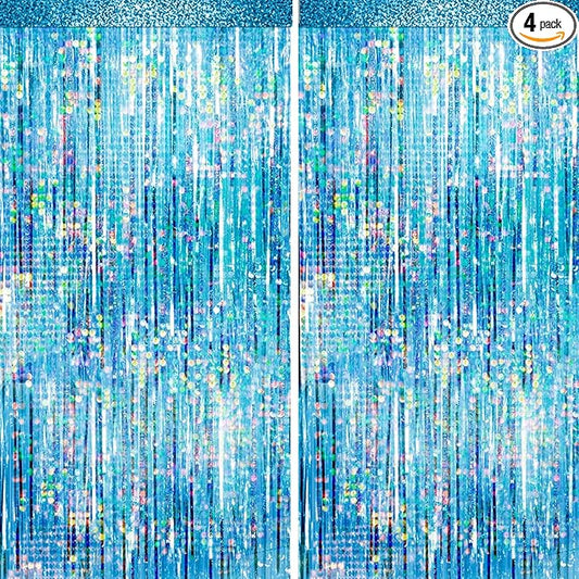 4 Packs Blue Foil Fringe Curtain, Light Blue Glitter Metallic Tinsel Backdrop for Birthday, Wedding, Baby Shower, Bachelorette, Ocean, Princess Party Decorations Supplies