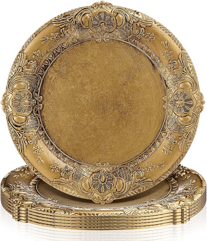 Mifoci Antique Gold Charger Plates Set of 6 Plastic Gold Chargers for Dinner Plates Decorative 13" Round Plate Bulk with Embossed Rim for Dinner, Party, Wedding