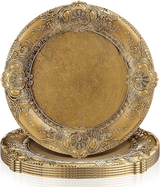 Mifoci Antique Gold Charger Plates Set of 6 Plastic Gold Chargers for Dinner Plates Decorative 13" Round Plate Bulk with Embossed Rim for Dinner, Party, Wedding