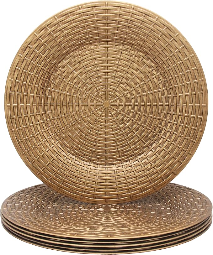 Rattan Chargers for Dinner Plates, 13" Antique Gold Charger Plates, Set of 6 Round Plastic Woven Texture Matte Finish for Wedding & Party (513BR)