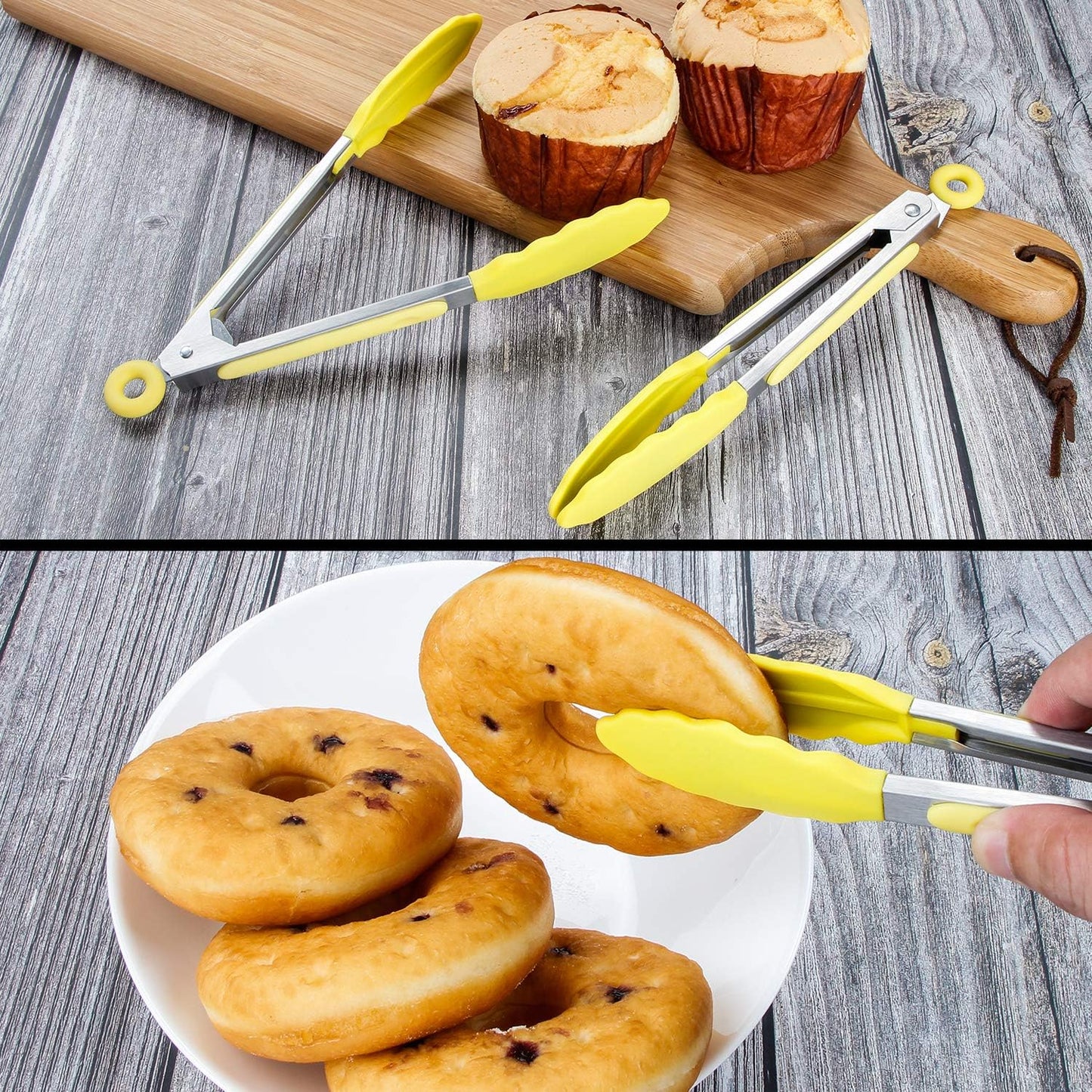 MSY BIGSUNNY Kitchen Food Tongs with Silicone Tips,7 Inch Serving Tongs for Grilling,Locking,BBQ Set of 3 (Yellow)