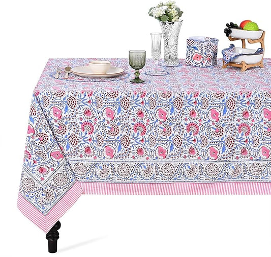 Ridhi Hand Block Print Pigeon Blue Flamingo Pink Rectangle Cotton Tablecloth 190" x 72" Reusable Table Cover Decorative Everyday Use for Dining, Farmhouse, Home Gift for Spring, Easter, Valentine