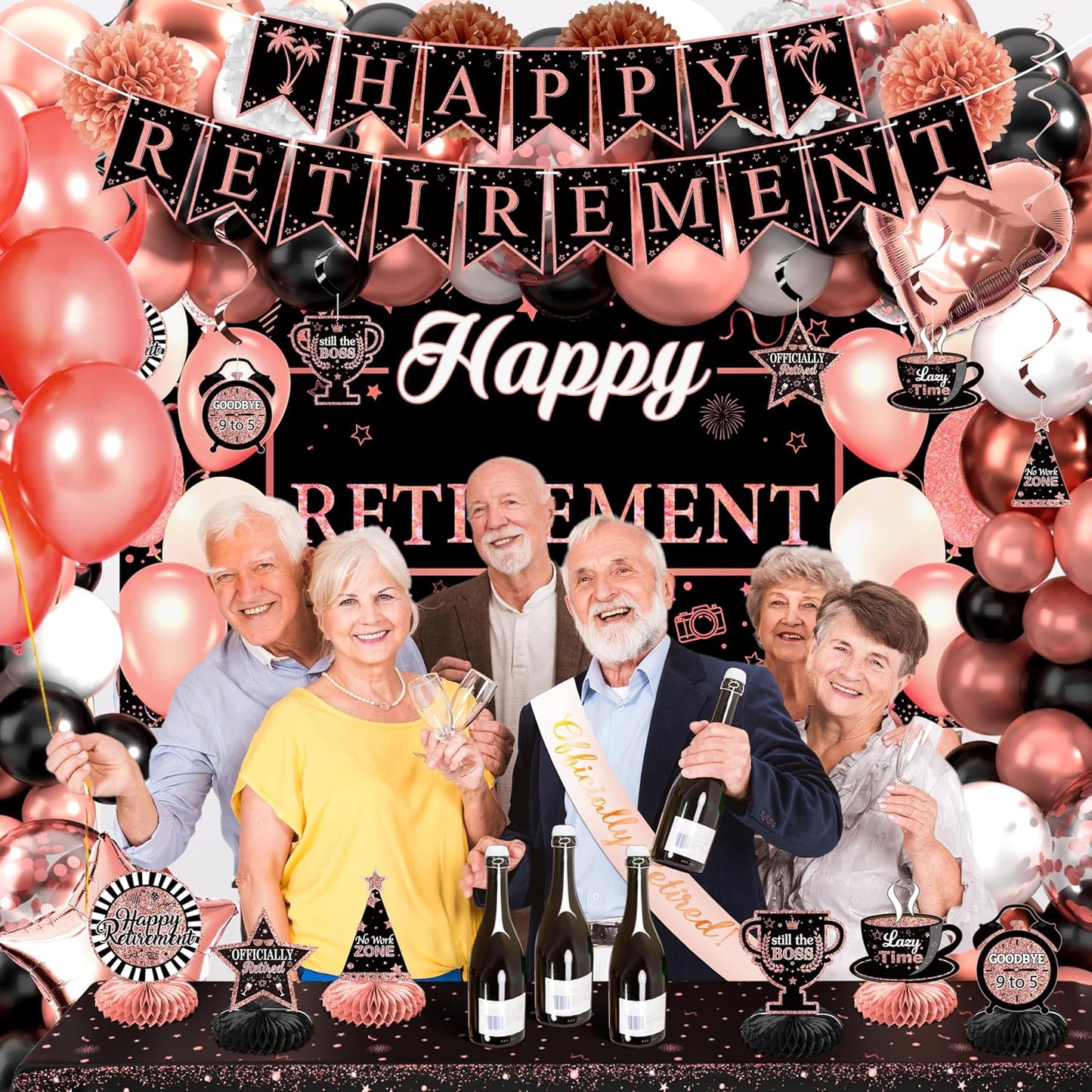 Retirement Party Decorations for Women 109Pcs Rose Gold Black Happy Retirement Decorations Retired Banner Backdrop Balloons Sash Hanging Swirls Pompoms Tablecloth Honeycomb Centerpiece(Rose Gold)