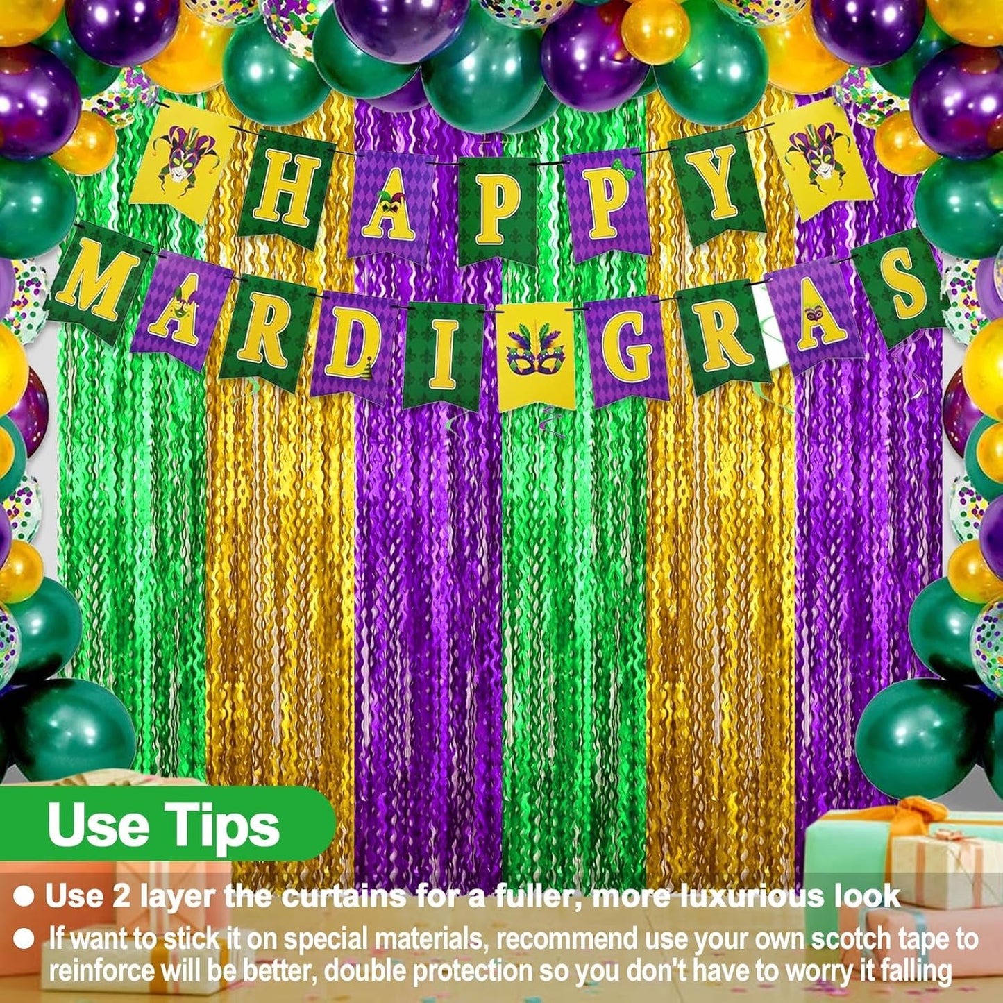 4 Pack Gold Green Purple Fringe Curtain Backdrop 3.2Ft x 8.2Ft Metallic Tinsel Foil Fringe Streamers Background for Photo Booth Mother's Day, Easter, Carnival, Birthday, Wedding Party Decoration