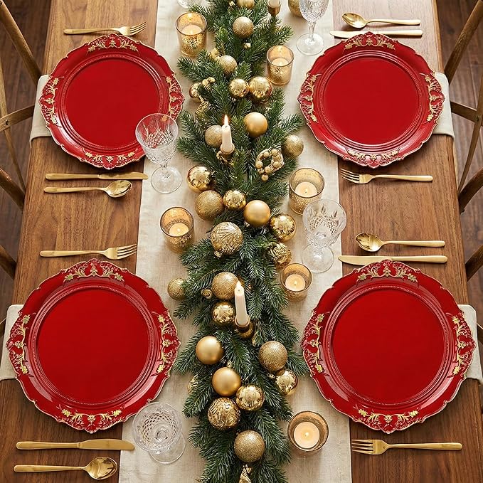 Red Charger Plates, 13 Inch Embossed Chargers for Dinner Plates. Plastic Charger for Wedding, Party. (Set of 6)