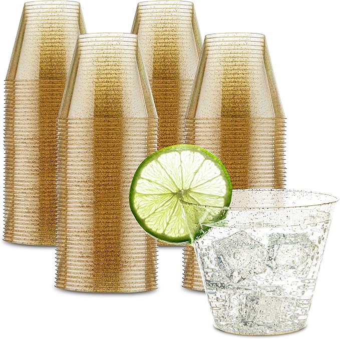PLASTICPRO 9 oz Disposable Plastic Party Cups,Old fashioned Designed Tumblers, Gold Glitter 200 Count,