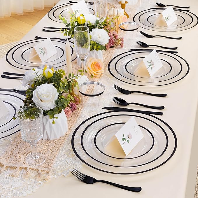 BESTSTAR 12 Inch Disposable Decor Charger Plates, 50 Pack Plastic Clear Plates with Gold Rim, Perfect Table Decor for Party, Wedding, Dinner, Halloween