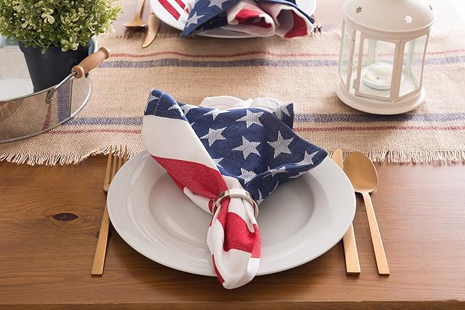 DII Jute Burlap Collection Kitchen Tabletop, Table Runner, 14x108, Double Border Blue/Red