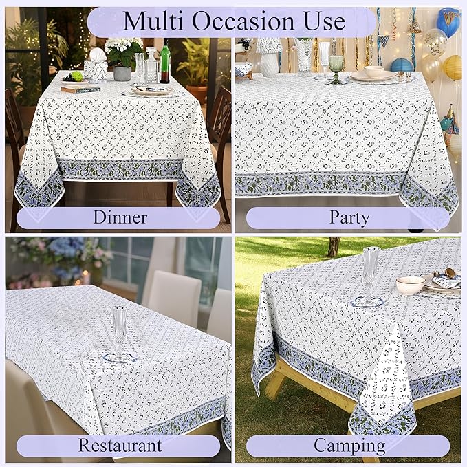 Ridhi Hand Block Print Powder Blue Rectangle Cotton Tablecloth 190" x 72" Reusable Table Cover Decorative Everyday Use for Dining, Farmhouse, Home Gift for Spring, Easter, Valentine
