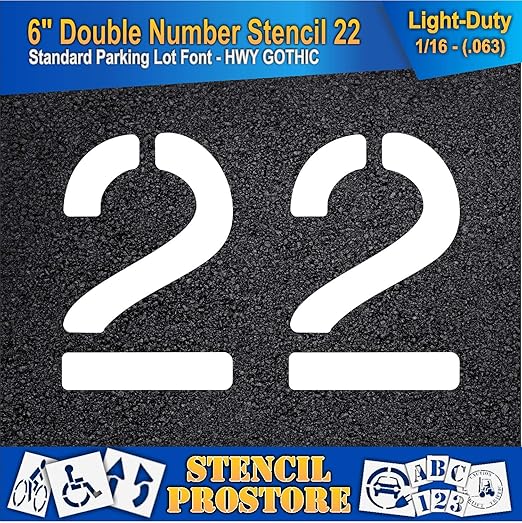 Pavement, Curb, and WheelStop Stencils - 6 inch Double Number Stencil - (22) - 6" x 9" x 1/16" (63 mil) - Light-Duty