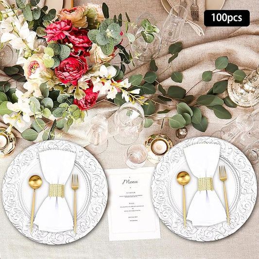 100 Pcs Silver Charger Plates Bulk, 13 In Round Charger Plates, Reusable Serving Silver Plate Chargers with Plastic Embossed Patterns for Wedding Dinner Party Event Decor