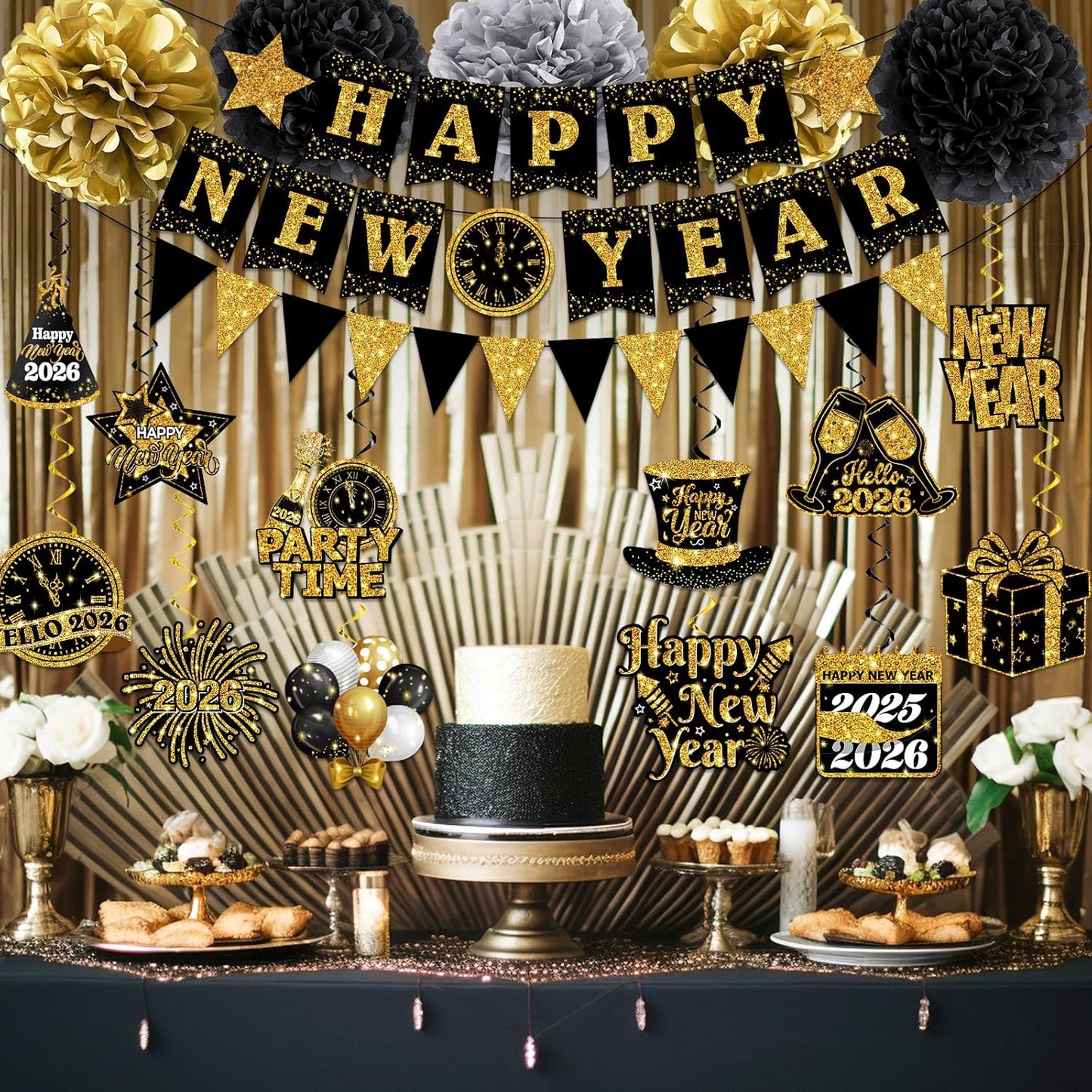 New Years Decorations Hanging Swirls,Black and Gold 2026 New Years Eve Decorations Banner Ceiling Hanging Pom Pom Garland Triangle Flag for Happy New Year Decorations