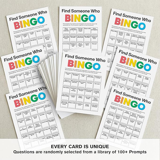 Sahjzk Office Bingo Cards, 25 Unique Randomized 5x7 Sheets, Get to Know You Bingo Game for Adults, Ice Breaker Office Party Games, Team Building Games for Work, High Replay Value - A03