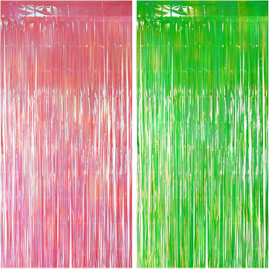 2 Pack Pink & Green Party Streamers Backdrop Curtains, 3.3x8.2ft Holographic Tinsel Foil Curtain Photo Booth Props for Birthday, Wedding, Holiday Celebration, Bachelorette, Theme Decorations