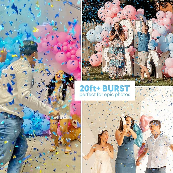 PrimePure Gender Reveal Confetti Cannon - Butterfly Shaped Confetti Poppers - Blue, 2 Pack - Baby Boy Gender Reveal Party Poppers Shooters - Blue Paper Butterflies Baby Shower Party Supplies Pop Gun