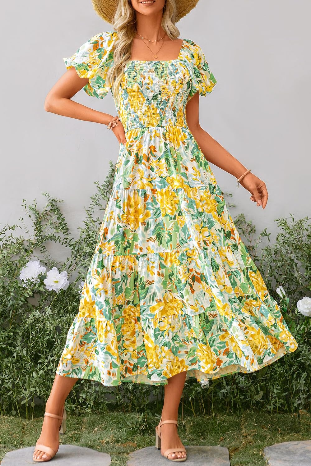 PRETTYGARDEN Women's Casual Summer Midi Dress Puffy Short Sleeve Square Neck Smocked Tiered Ruffle Dresses