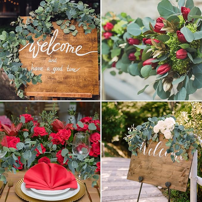 Sggvecsy 6 Pack Artificial Eucalyptus Garland Greenery Leaves Handmade 3D Silk Vines Silver Dollar Leaves Faux Leaf Plants for Wedding Wall Table Party Home Fireplace Bedroom Decor
