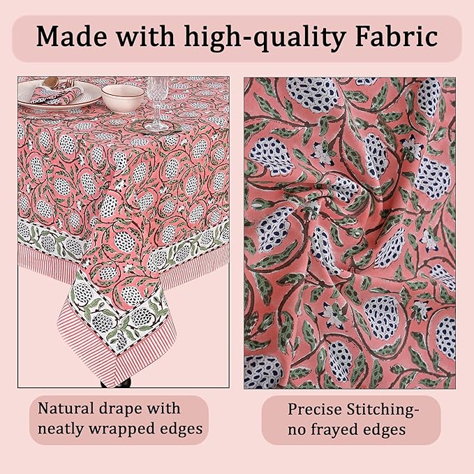 Ridhi Hand Block Print Dark Salmon Pink Rectangle Cotton Tablecloth 190" x 72" Reusable Table Cover Decorative Everyday Use for Dining, Farmhouse, Home Gift for Spring, Easter, Valentine