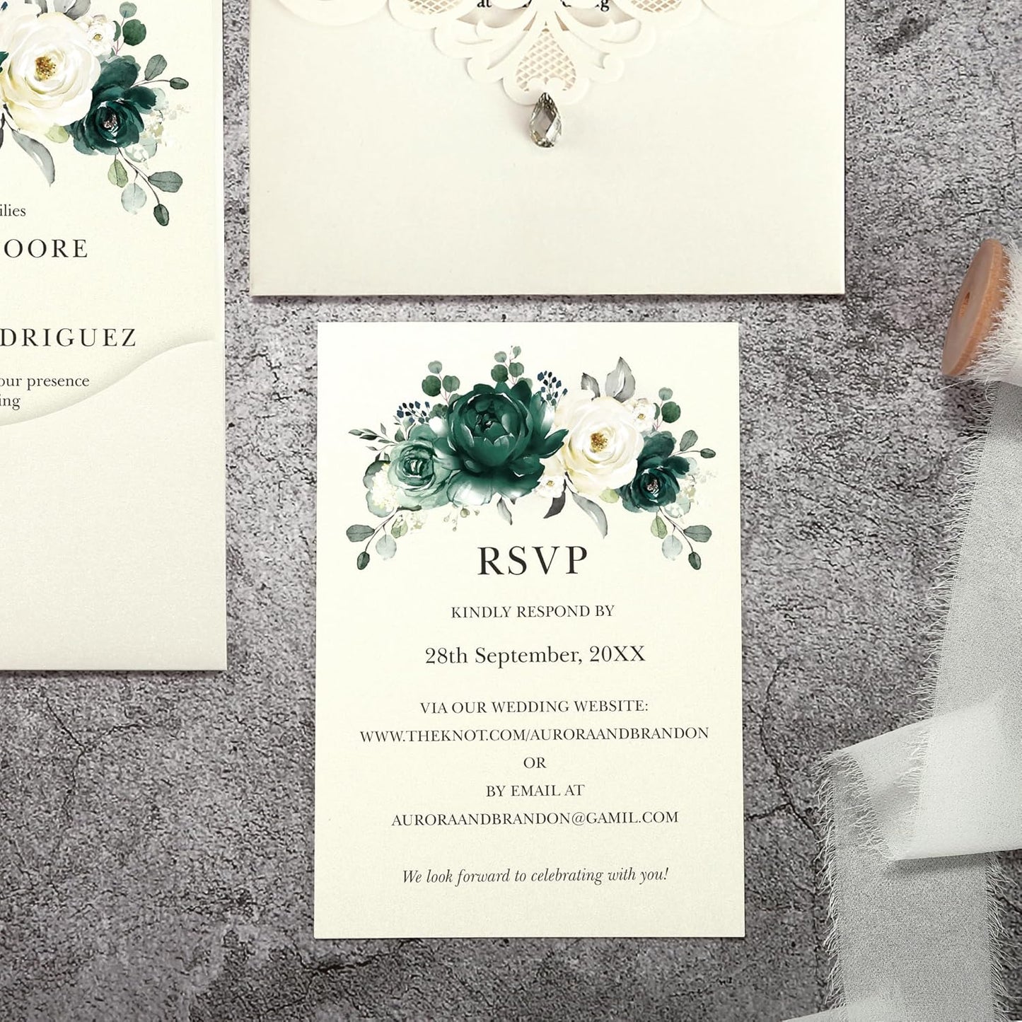 50pcs Laser Cut Wedding Invitations with Envelopes and RSVP Cards Green and Ivory White, 5x7.3 Personalized Invitation Cards for Wedding, Anniversary Invitations with Rhinestone