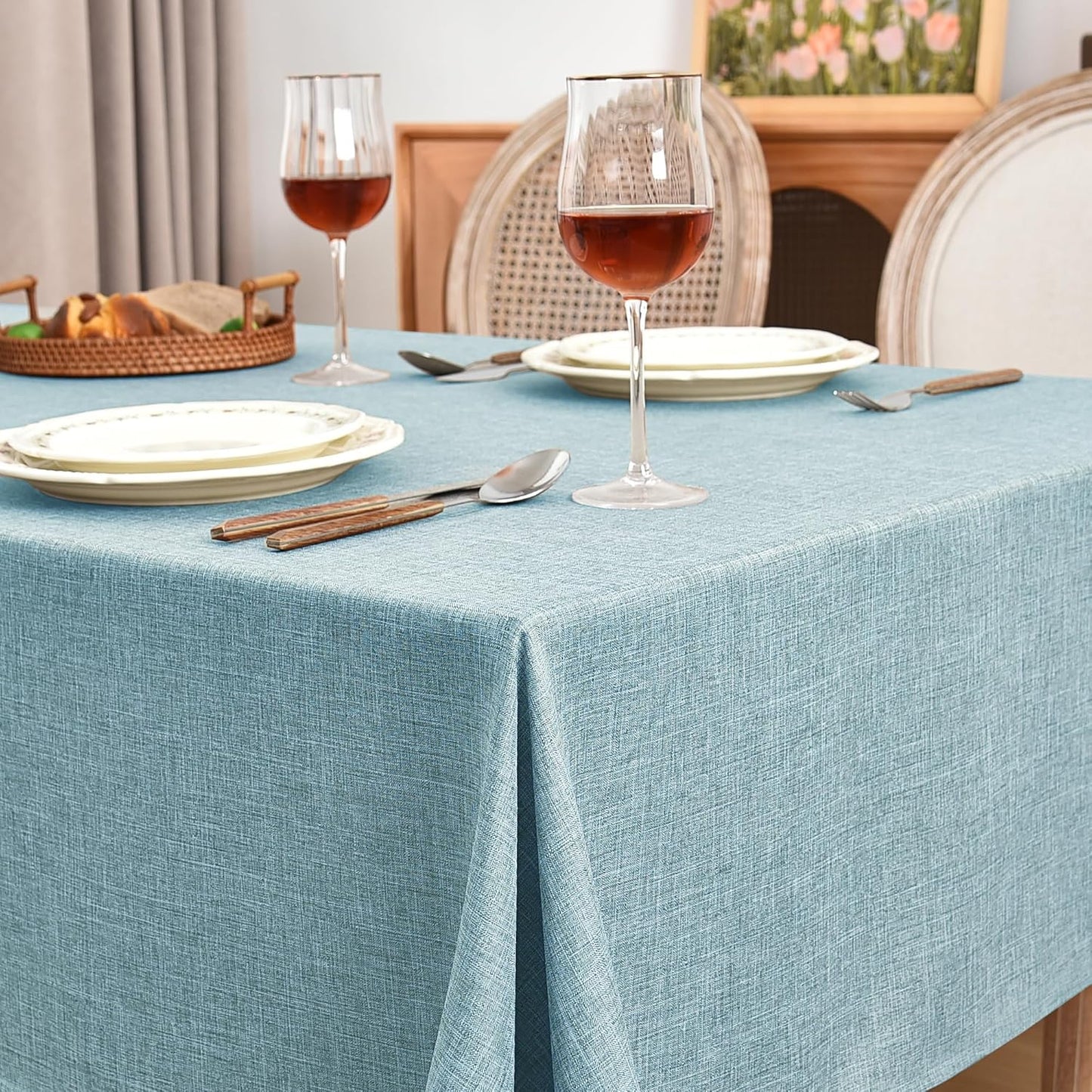 Fitable Faux Linen Tablecloths Rectangle 60 x 102 Inch - 2 Pack Waterproof Table Clothes for 6 Foot Tables, Turquoise Flax Look Table Covers for Farmhouse, Dining, Party, Banquet, Buffet