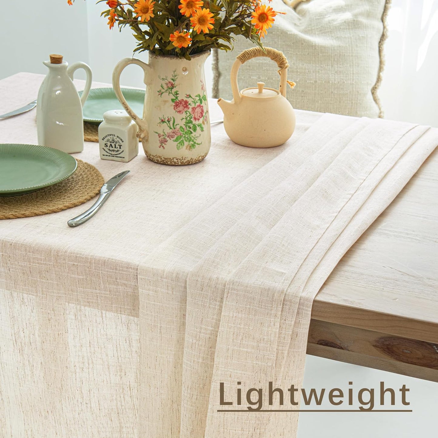 Natural Linen Textured Square Tablecloth, Slubby Lightweight Table Cloth 70 x 90 Inch, Water Resistant Stain Resistant Farmhouse Burlap Table Cover for Kitchen Dining Room