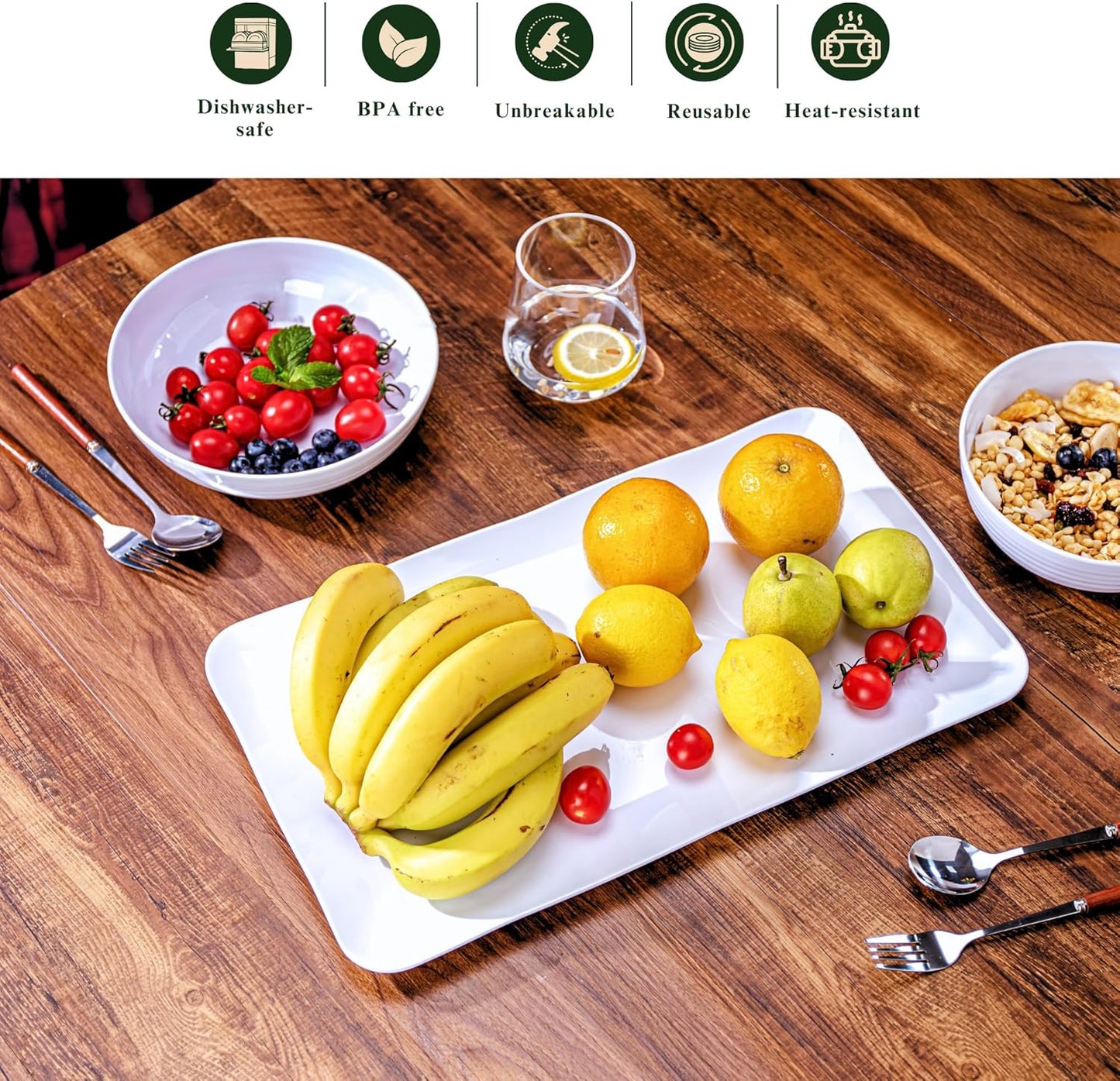 17-Inch Melamine Tray (Set of 2) - Unbreakable and Reusable Plastic Platters with Ceramic Feel, Stackable and Dishwasher-Safe - Versatile for All Meals